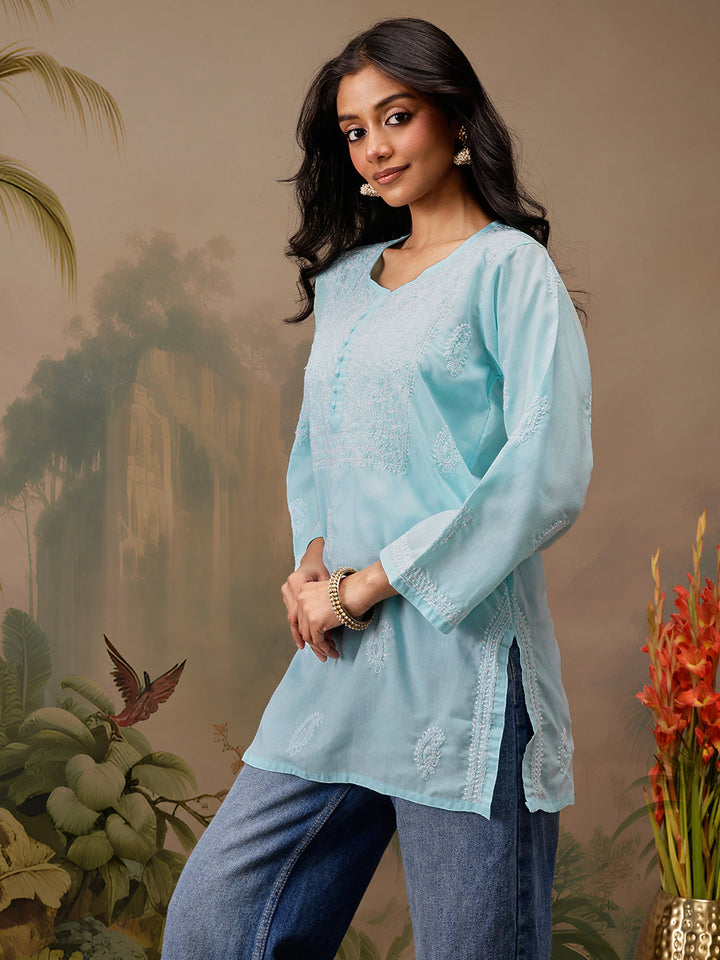 Blue Cotton 100% Original Chikankari Tunic Top