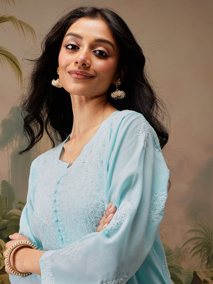 Blue Cotton 100% Original Chikankari Tunic Top