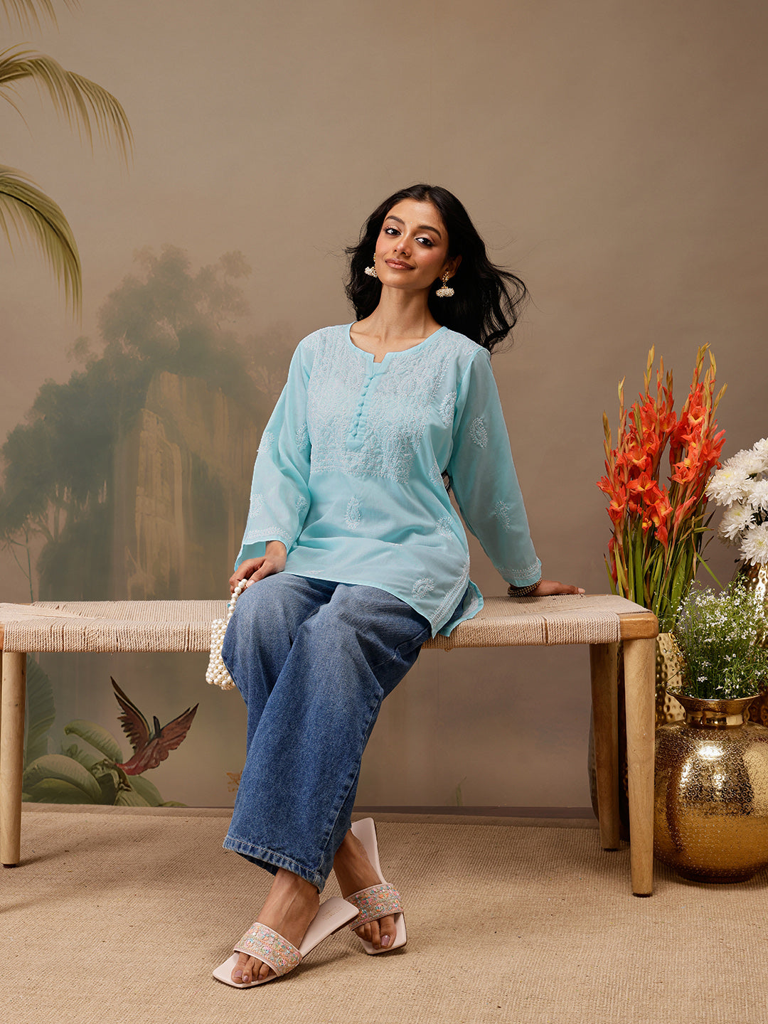 Blue Cotton 100% Original Chikankari Tunic Top
