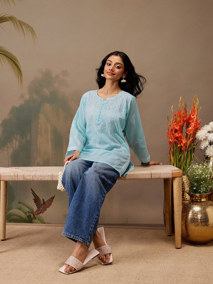 Blue Cotton 100% Original Chikankari Tunic Top