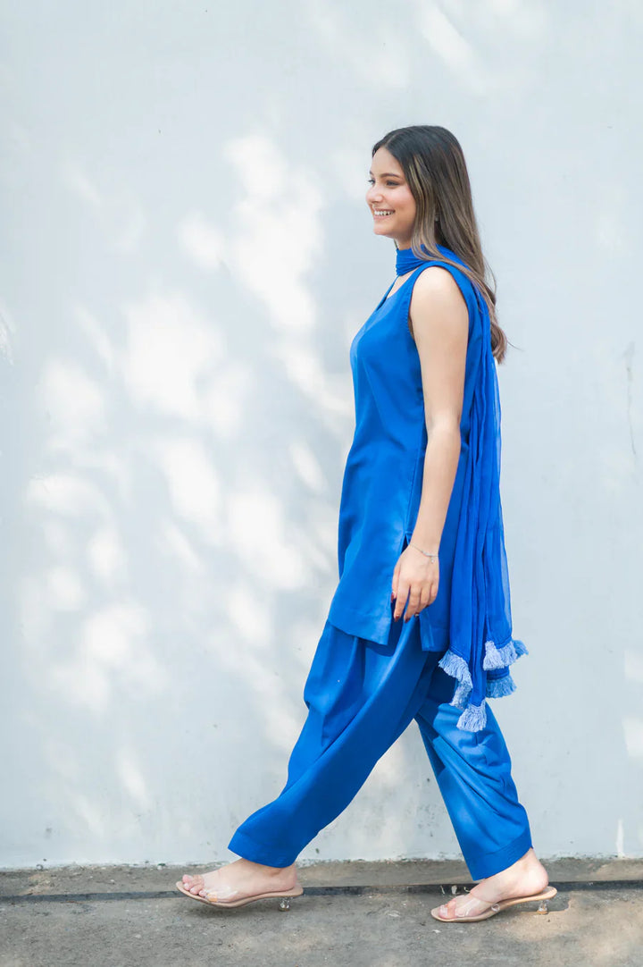 Blue-Cotton-Salwar-Set-With-Georgette-Dupatta