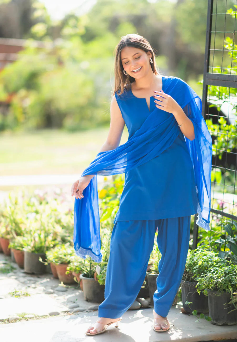Blue-Cotton-Salwar-Set-With-Georgette-Dupatta