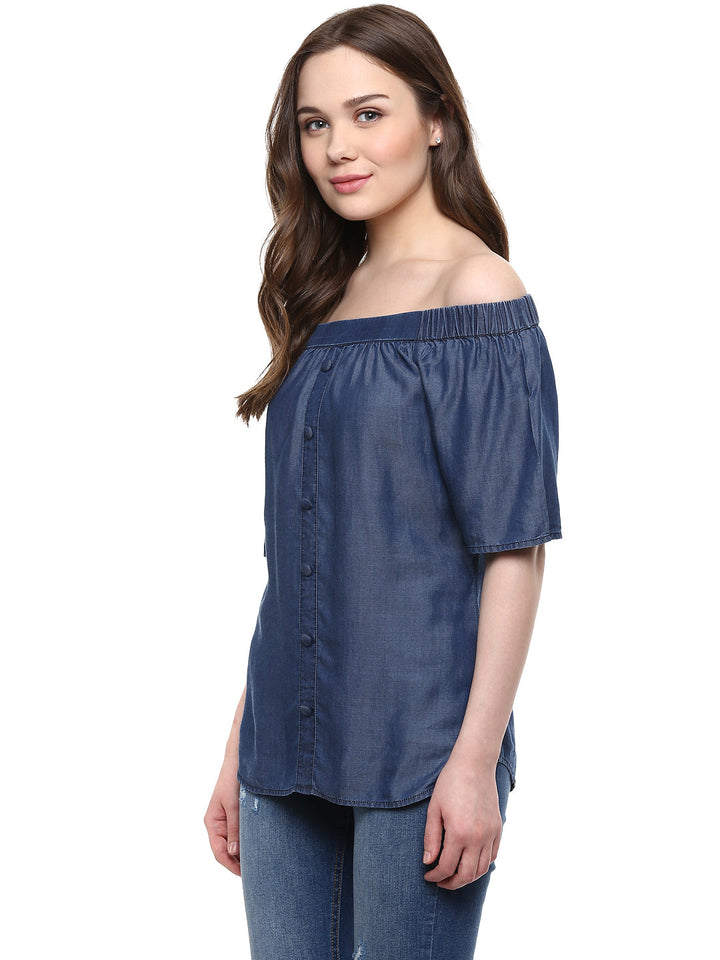 Blue-Cotton-Tencel-Denim-Off-Shoulder-Top