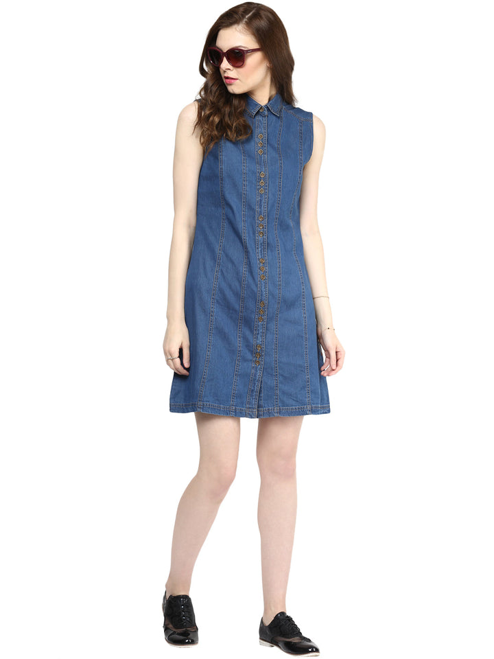 Blue-Cotton-Three-Buttoned-Denim-Dress