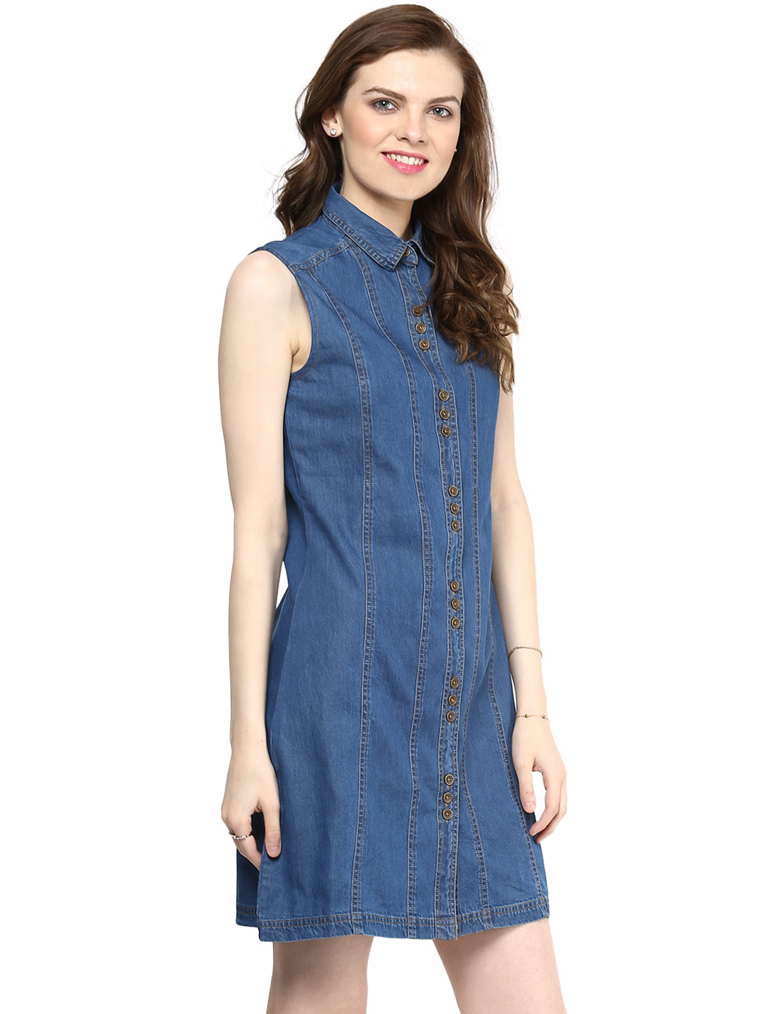 Blue-Cotton-Three-Buttoned-Denim-Dress