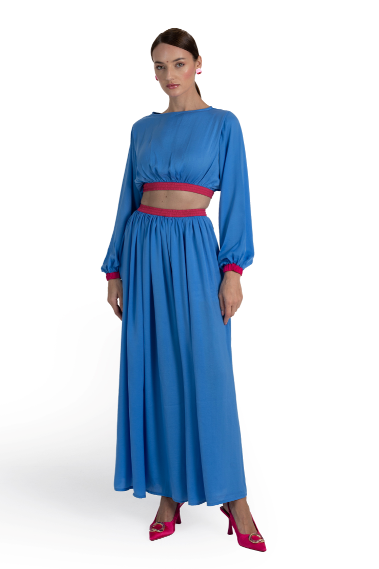 Blue Crinkle Matte Satin Kalki Skirt Set