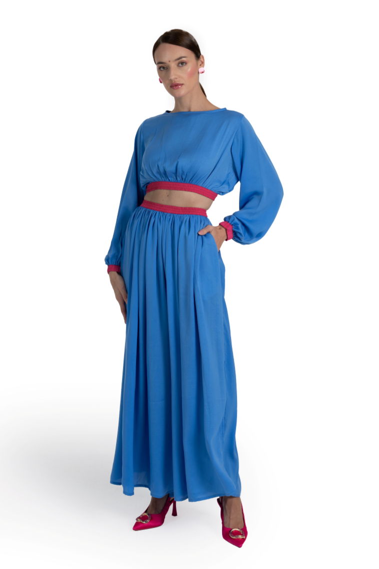 Blue Crinkle Matte Satin Kalki Skirt Set