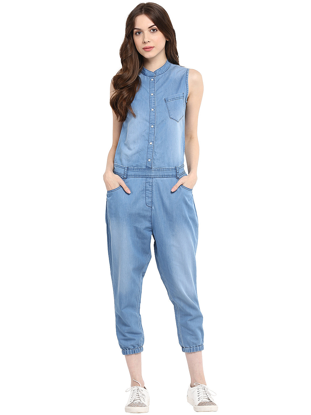 Denim-Mandarin-Collar-Sleeveless-Jumpsuit