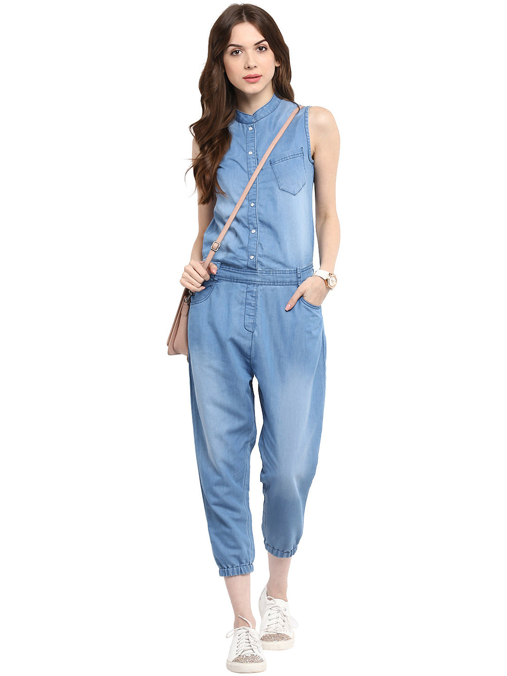 Denim-Mandarin-Collar-Sleeveless-Jumpsuit