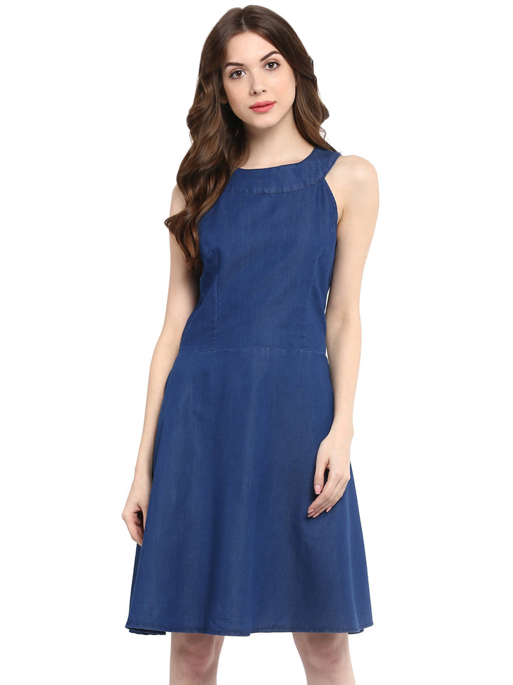 Blue-Denim-Round-Neck-Mini-Dress