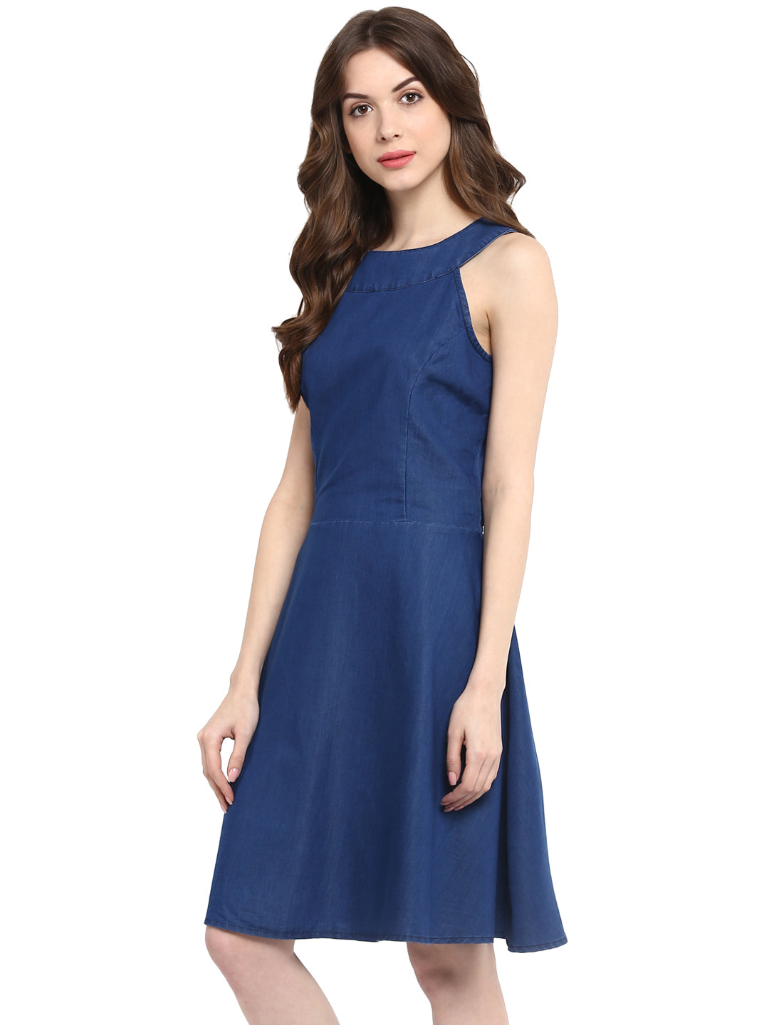 Blue-Denim-Round-Neck-Mini-Dress
