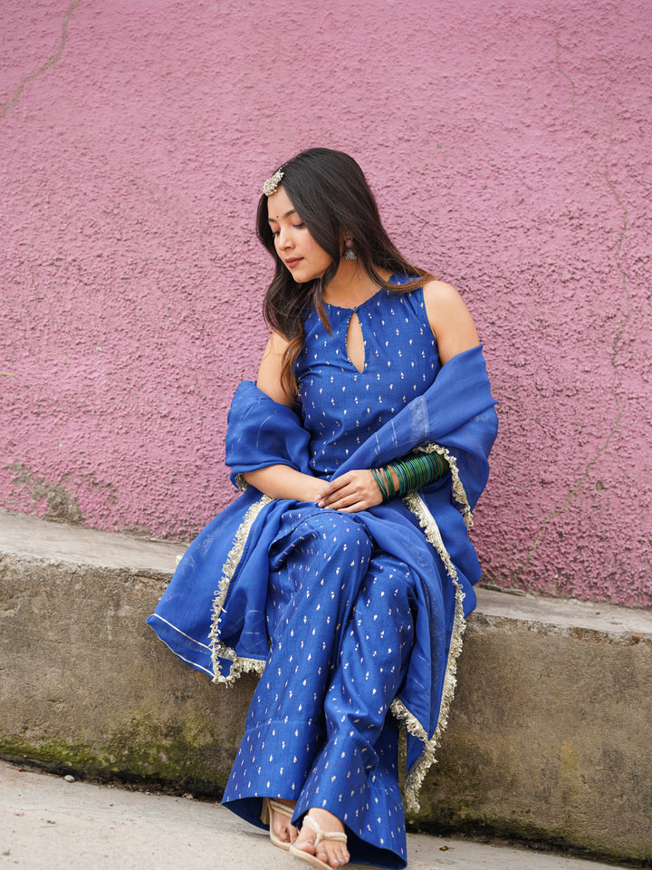 Royal Blue Chanderi Sleeveless Farshi Suit Set