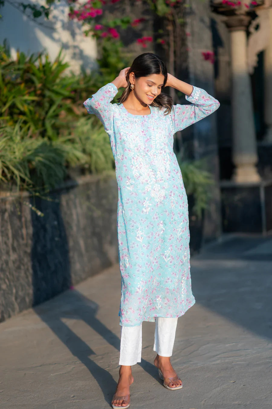 Blue-Georgette-Chikankari-Kurta-With-Slip