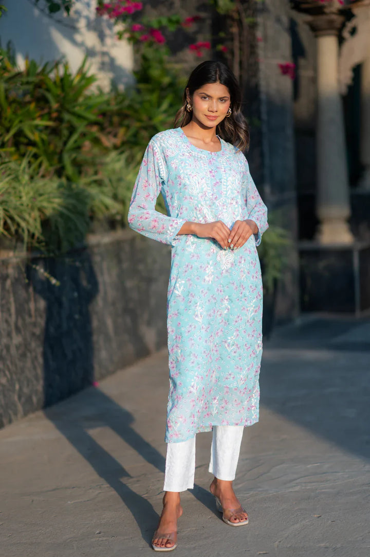 Blue-Georgette-Chikankari-Kurta-With-Slip