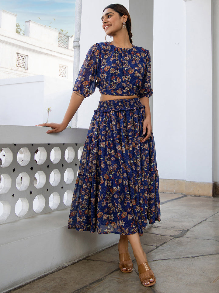Blue Georgette Floral Print Top & Skirt Set