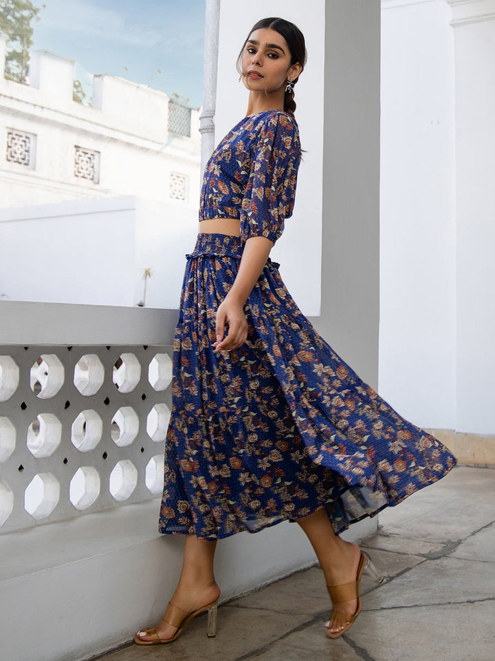 Blue Georgette Floral Print Top & Skirt Set