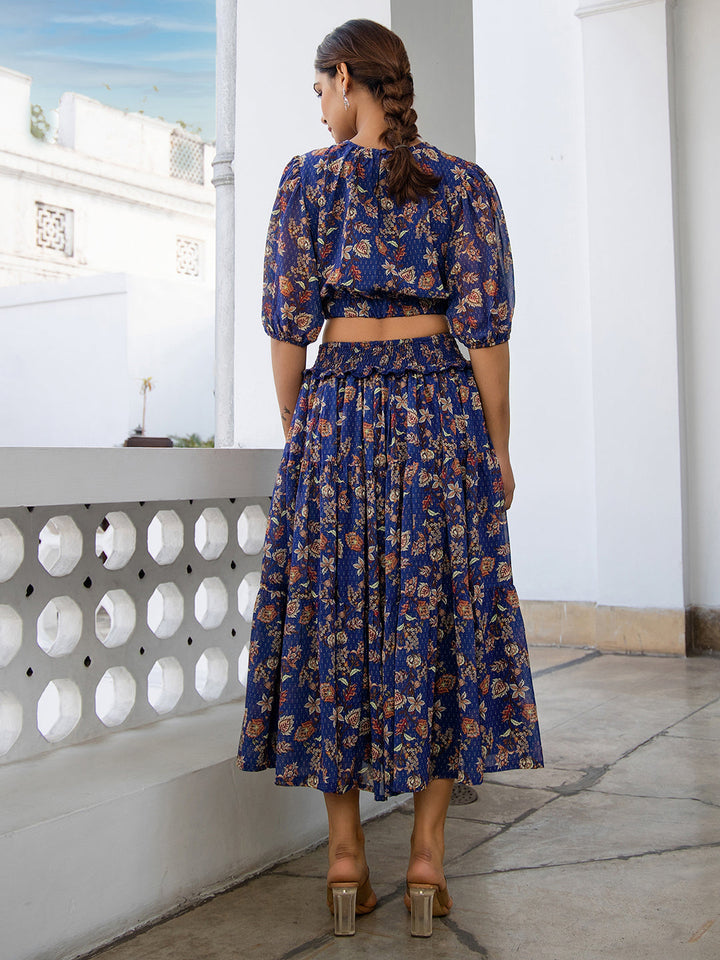 Blue Georgette Floral Print Top & Skirt Set