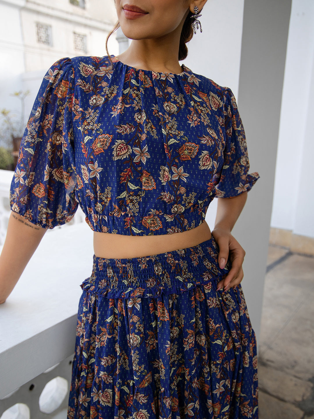 Blue Georgette Floral Print Top & Skirt Set