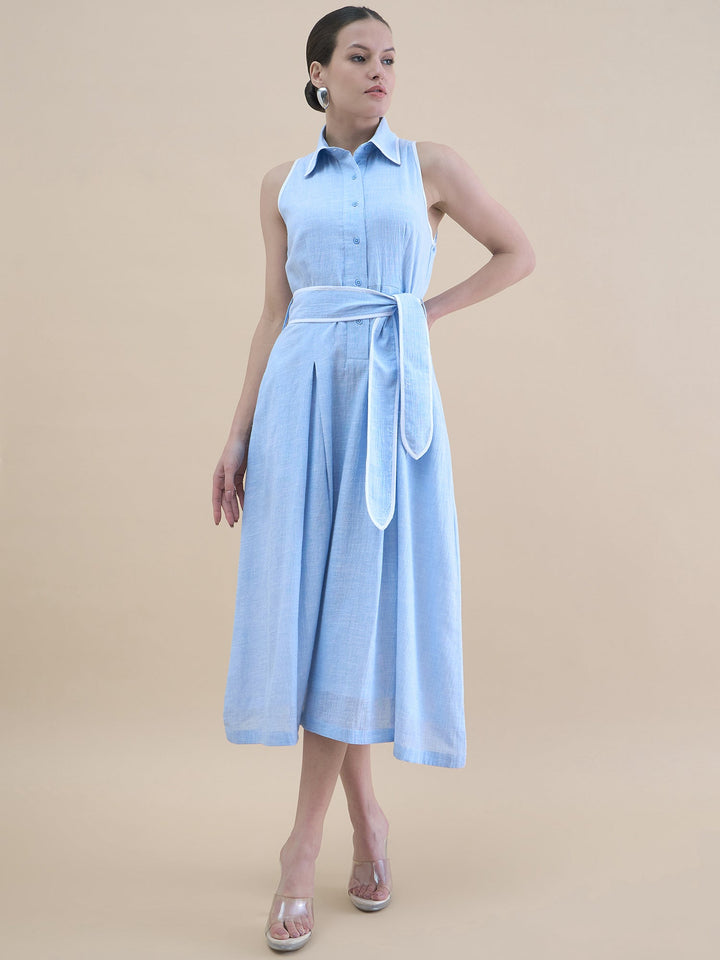 Blue-Halter-Neck-Button-Down-Pleated-Shirt-Dress