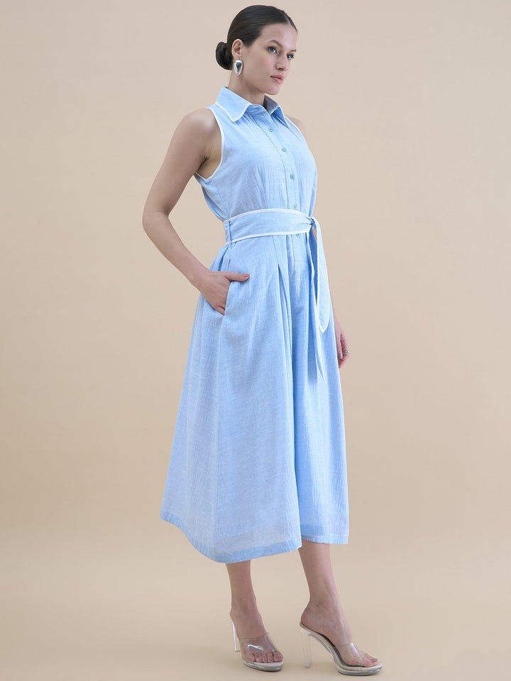 Blue-Halter-Neck-Button-Down-Pleated-Shirt-Dress