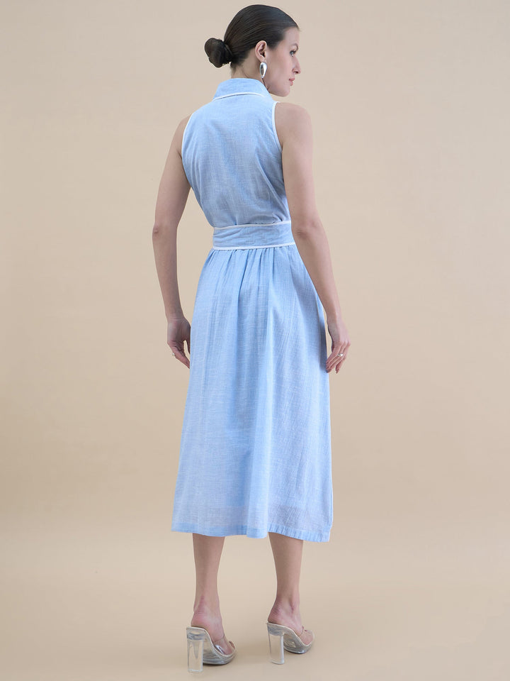 Blue-Halter-Neck-Button-Down-Pleated-Shirt-Dress