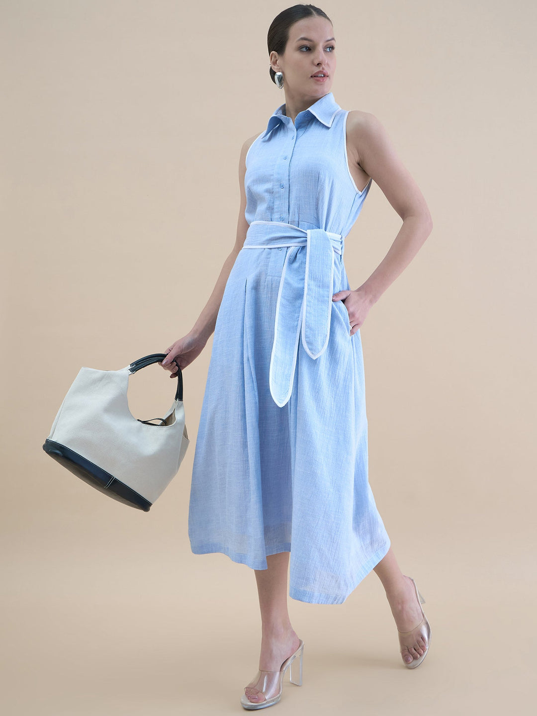 Blue-Halter-Neck-Button-Down-Pleated-Shirt-Dress