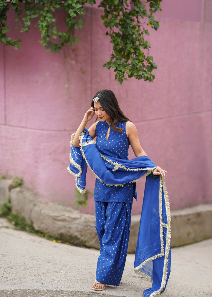 Royal Blue Chanderi Sleeveless Farshi Suit Set