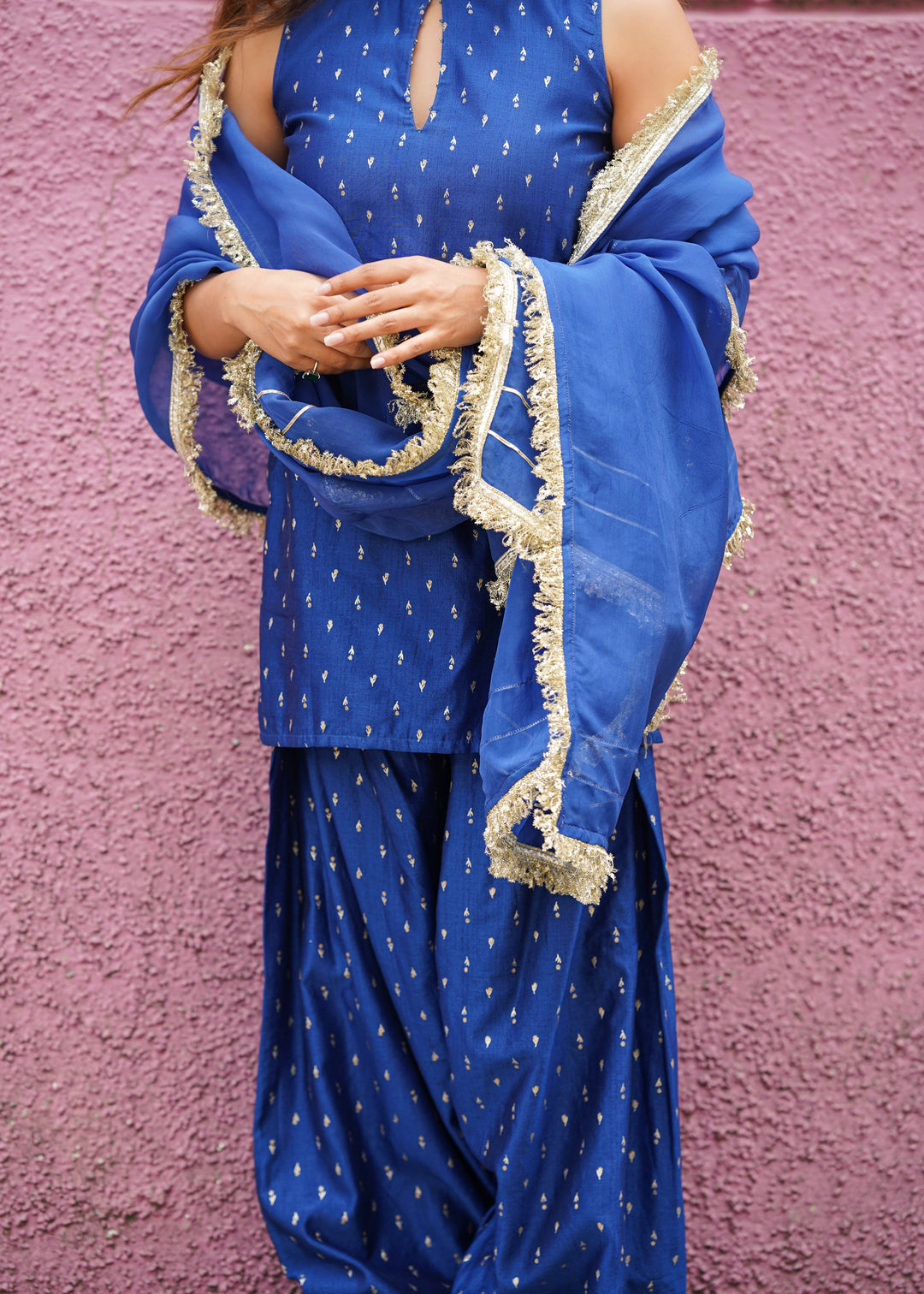 Royal Blue Chanderi Sleeveless Farshi Suit Set