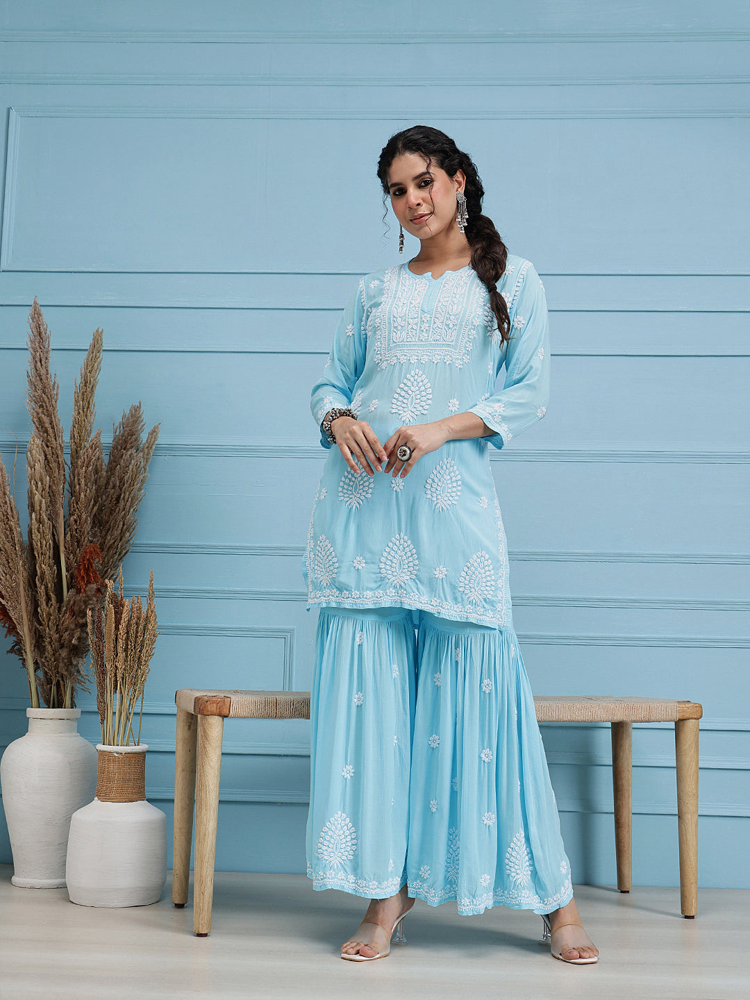 Blue-Modal-Lucknowi-Chikankari-Sharara-Set-(Set-Of-2)