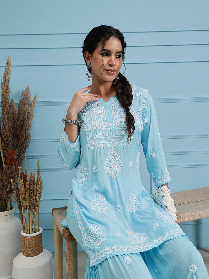 Blue-Modal-Lucknowi-Chikankari-Sharara-Set-(Set-Of-2)