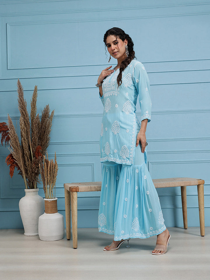 Blue-Modal-Lucknowi-Chikankari-Sharara-Set-(Set-Of-2)