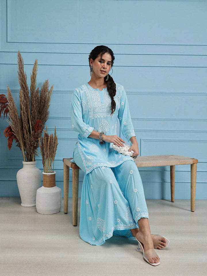 Blue-Modal-Lucknowi-Chikankari-Sharara-Set-(Set-Of-2)