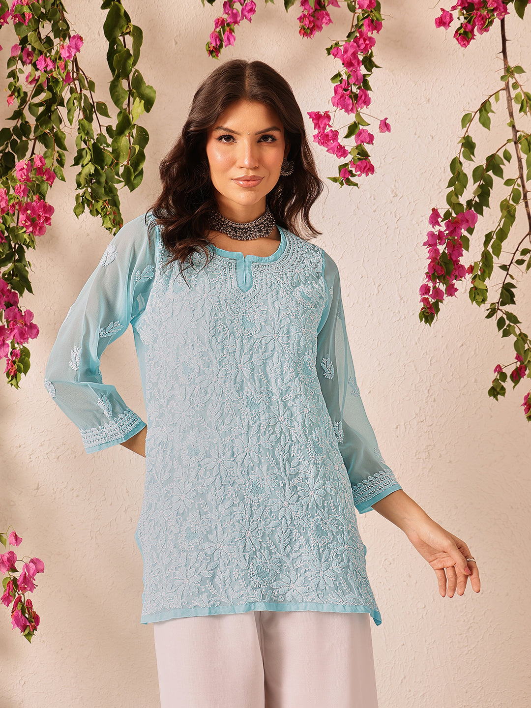 Blue-Poly-Georgette-Lucknowi-Chikankari-Short-Kurta-ONLY