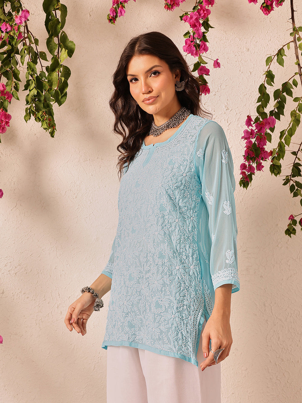 Blue-Poly-Georgette-Lucknowi-Chikankari-Short-Kurta-ONLY