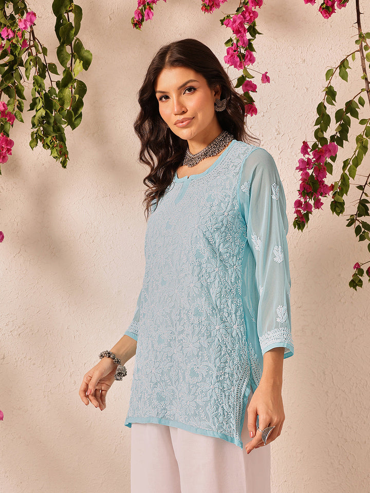 Blue-Poly-Georgette-Lucknowi-Chikankari-Short-Kurta-ONLY