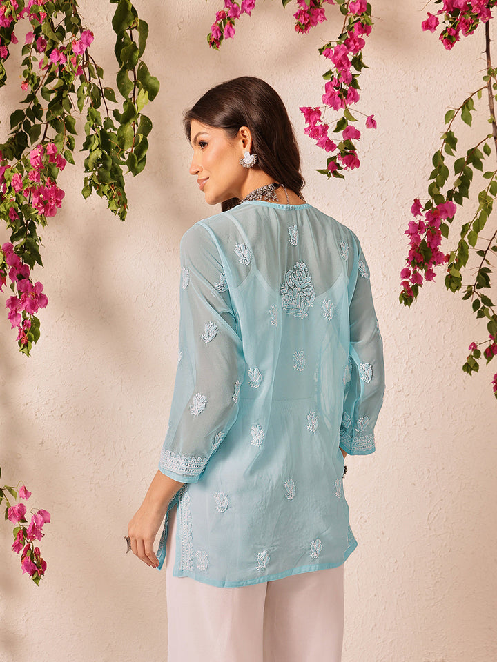 Blue-Poly-Georgette-Lucknowi-Chikankari-Short-Kurta-ONLY