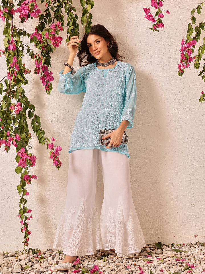 Blue-Poly-Georgette-Lucknowi-Chikankari-Short-Kurta-ONLY