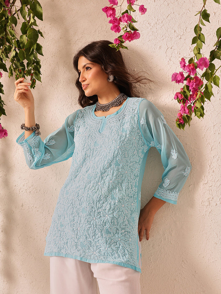 Blue-Poly-Georgette-Lucknowi-Chikankari-Short-Kurta-ONLY