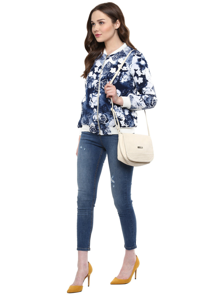 Blue-Polyester-Floral-Print-Bomber-Jacket