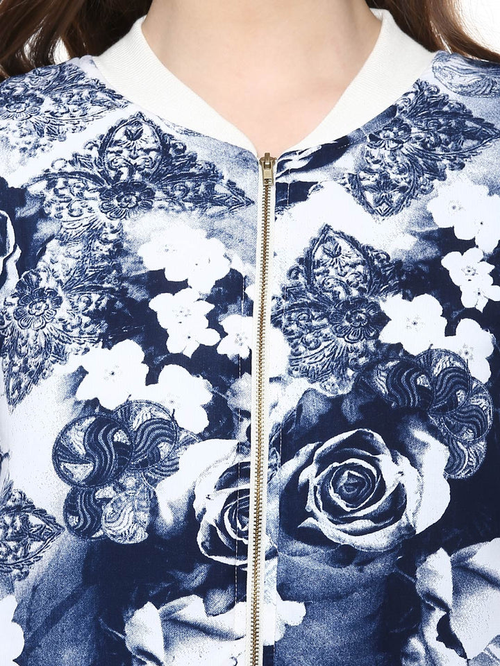 Blue-Polyester-Floral-Print-Bomber-Jacket