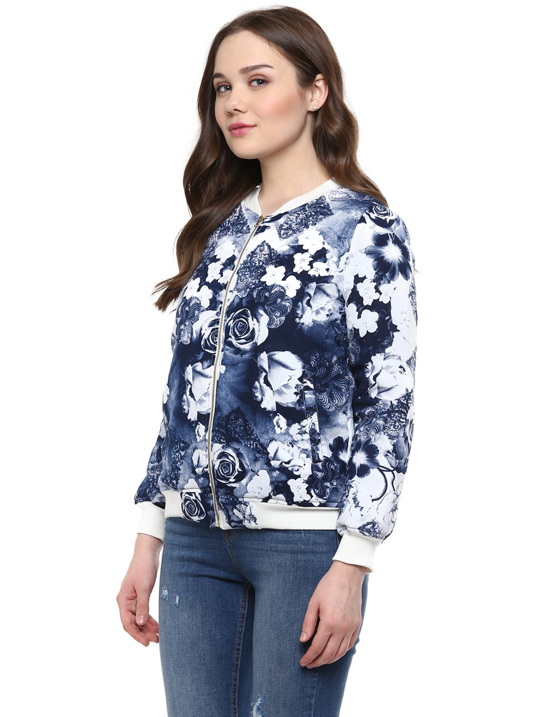 Blue-Polyester-Floral-Print-Bomber-Jacket