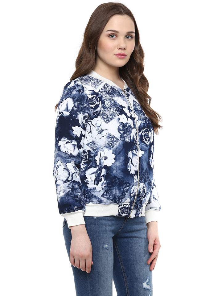 Blue-Polyester-Floral-Print-Bomber-Jacket