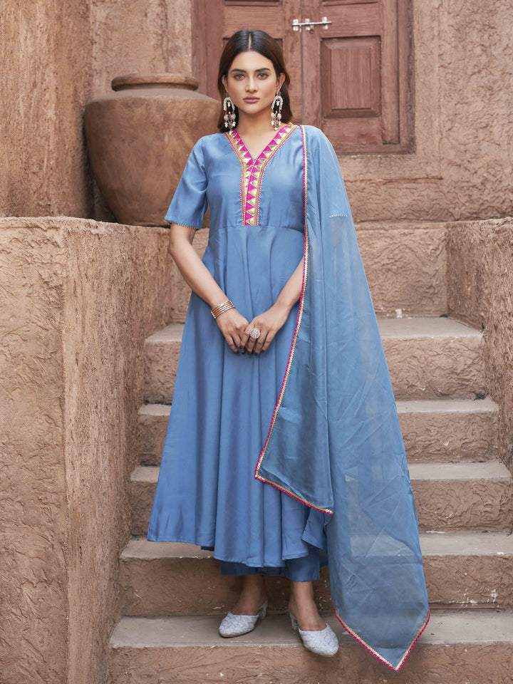 Blue-Silk-Blend-With-V-Neck-Design-Flared-3-Piece-Kurta-Set