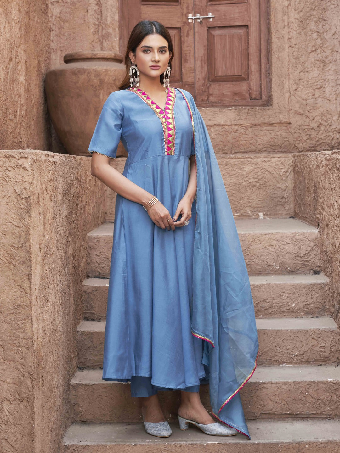 Blue-Silk-Blend-With-V-Neck-Design-Flared-3-Piece-Kurta-Set