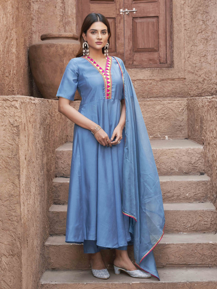 Blue-Silk-Blend-With-V-Neck-Design-Flared-3-Piece-Kurta-Set