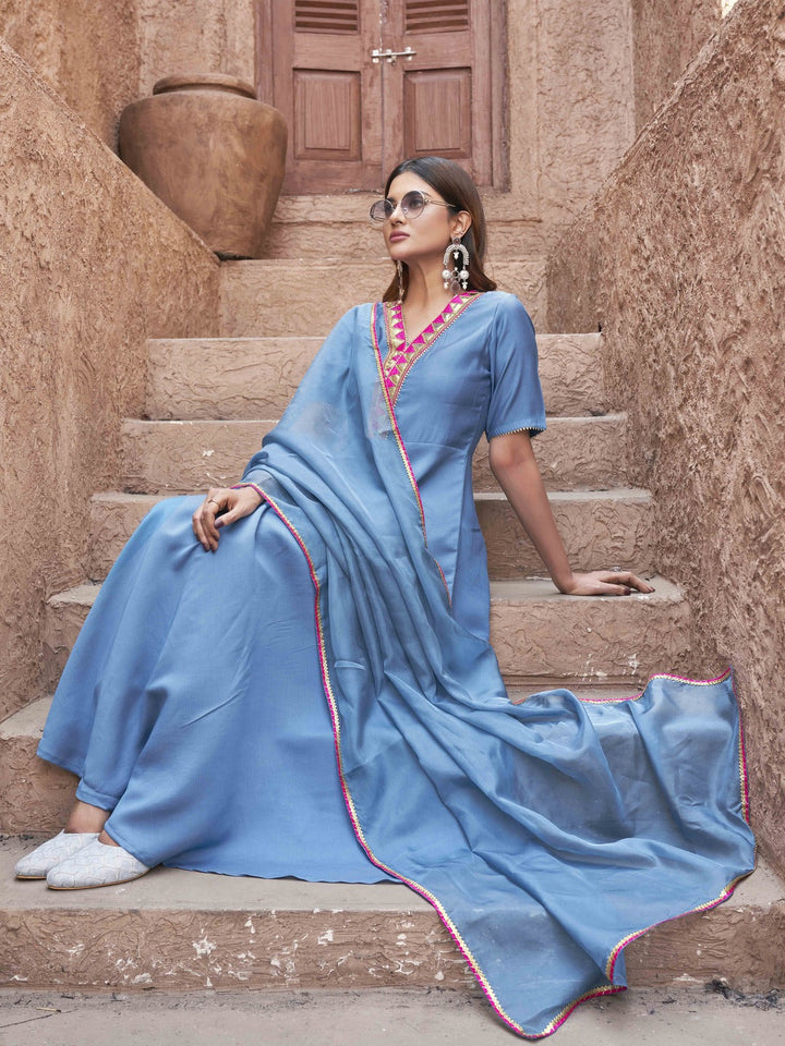 Blue-Silk-Blend-With-V-Neck-Design-Flared-3-Piece-Kurta-Set