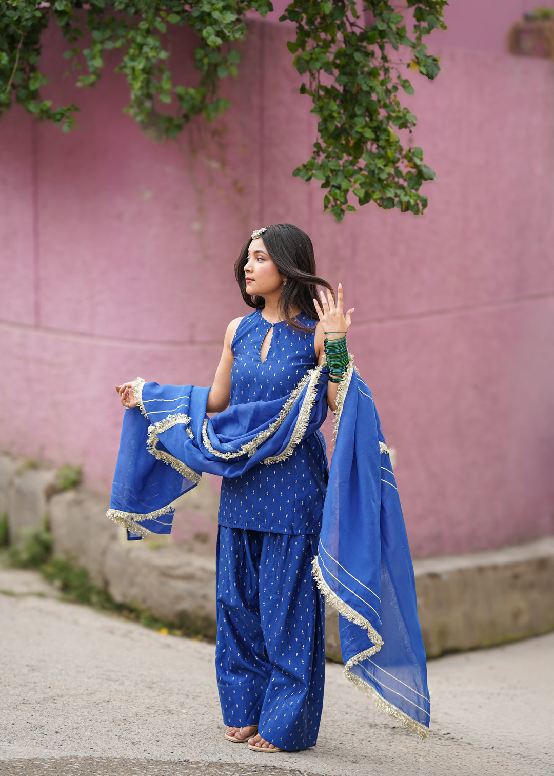 Royal Blue Chanderi Sleeveless Farshi Suit Set