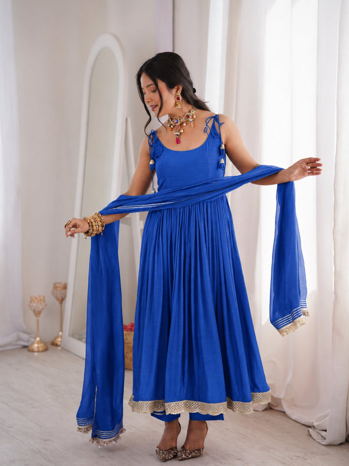 Blue Chanderi Strappy Anarkali Suit Set