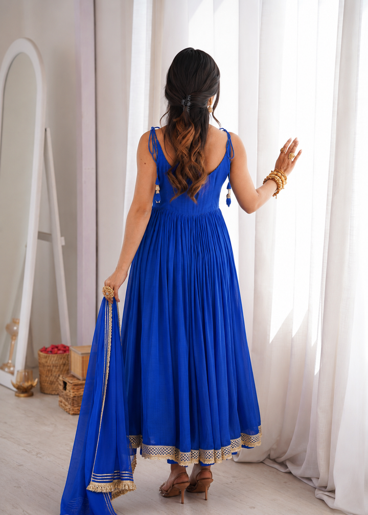Blue Chanderi Strappy Anarkali Suit Set
