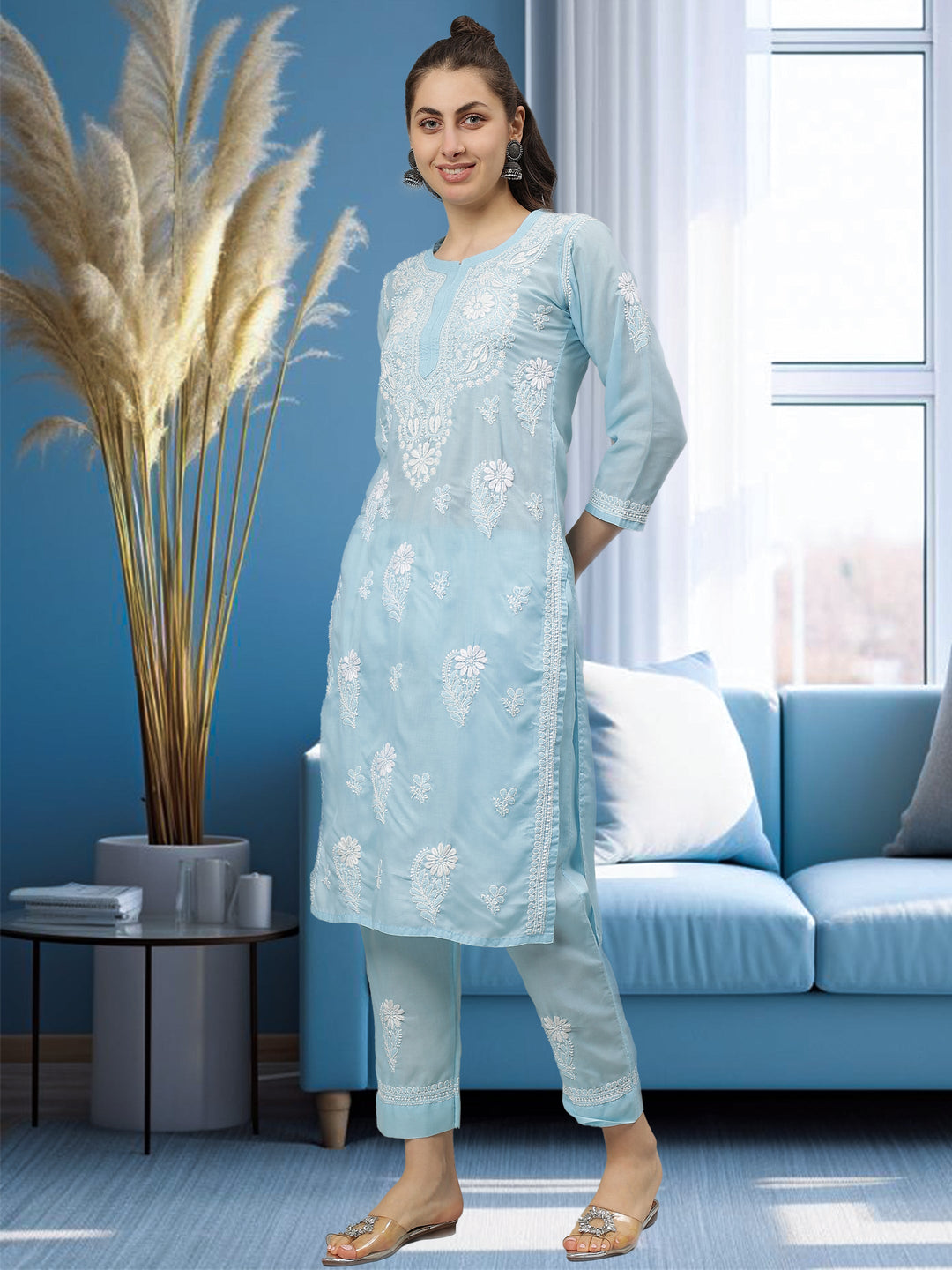 Blue-Terivoil-Cotton-Lucknowi-Chikankari-Kurta-Set